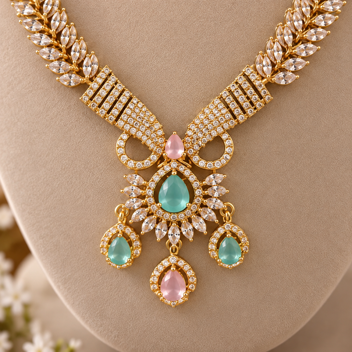 Gold Tone Mint Pink CZ Necklace Earrings Tikka Pakistani Jewelry Set
