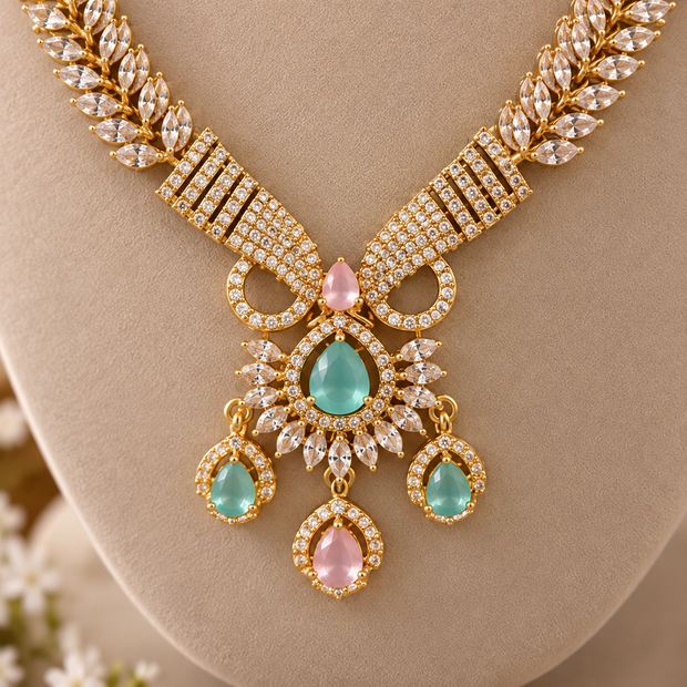Gold Tone Mint Pink CZ Necklace Earrings Tikka Pakistani Jewelry Set