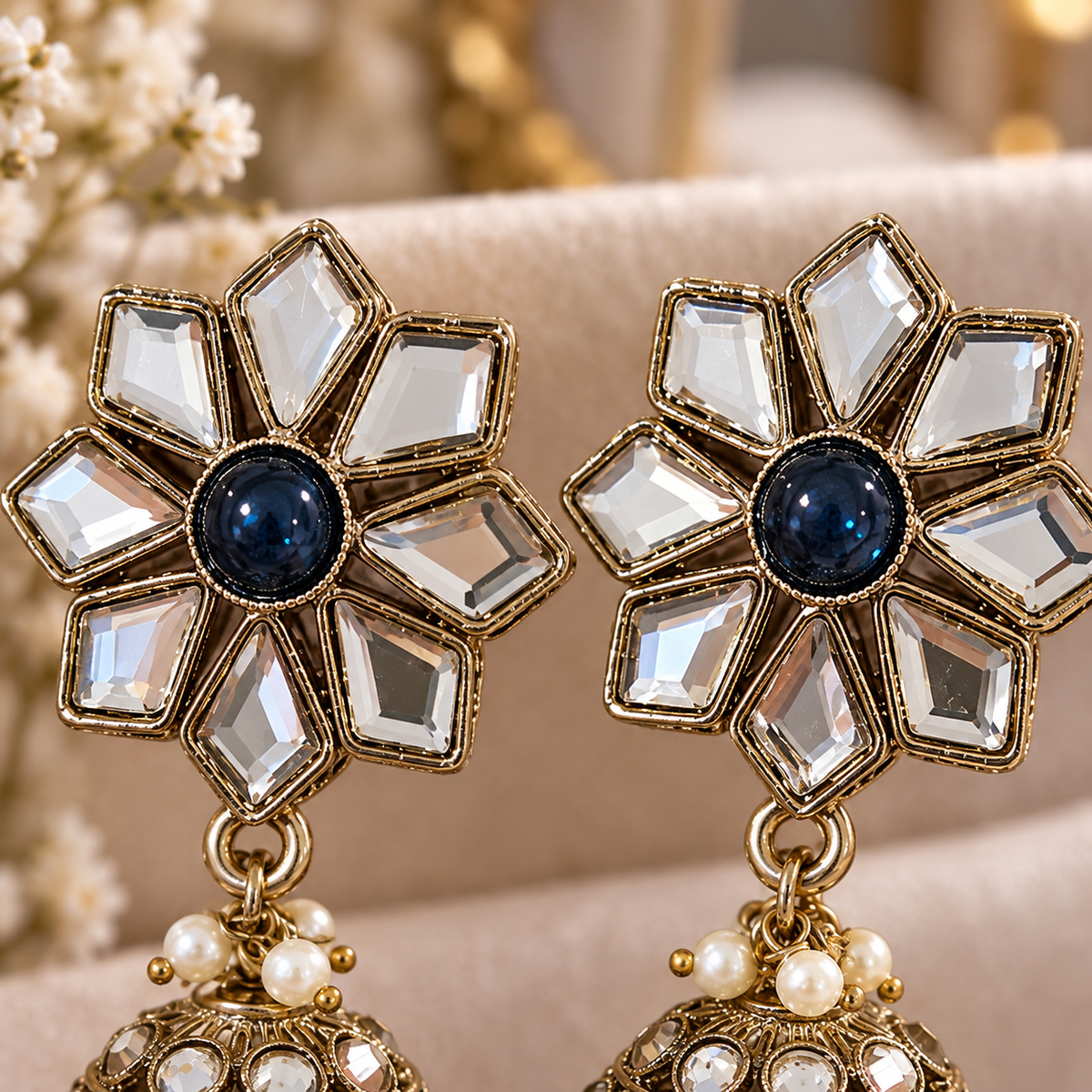 Antique Gold Kundan Jhumka Earrings – Navy Floral Crystal & Pearl Statement Earrings