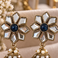 Antique Gold Kundan Jhumka Earrings – Navy Floral Crystal & Pearl Statement Earrings
