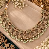 Mint Green Kundan Necklace Set with Jhumka Earrings & Tikka – Pearl Bridal Jewelry