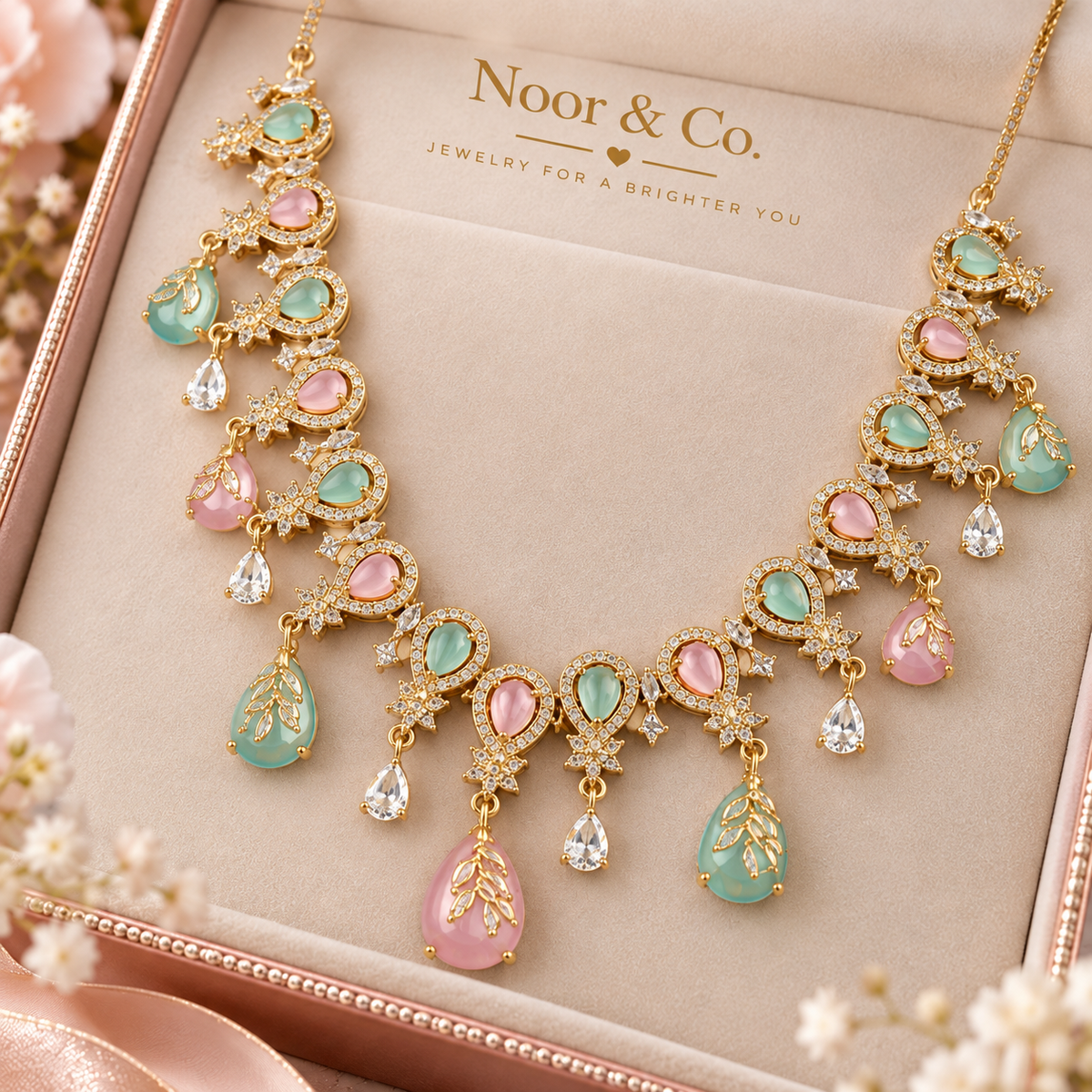 Pastel Pink Mint Gold Tone Necklace Earrings Tikka Pakistani Jewelry Set