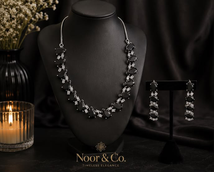 Black Teardrop CZ Jewelry Set | Elegant Necklace Earrings | Bridal Formal Evenin