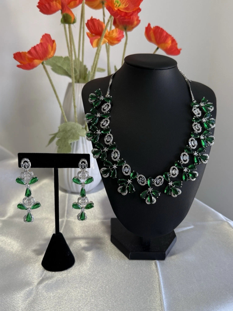 CZ Flower Necklace Earrings Set Silver Tone Pakistani Jewelry