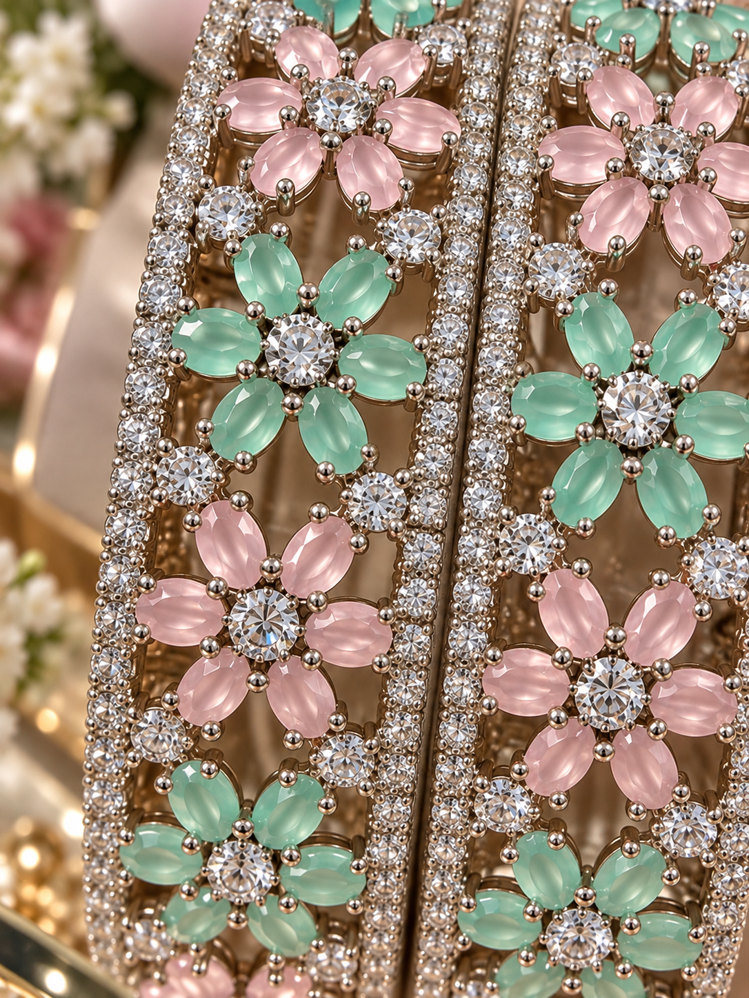 Pastel Pink & Mint Floral CZ Bangle Set – Silver Tone Statement Bangles Size 2.8