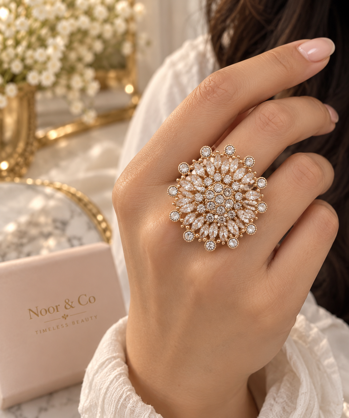 Elegant Crystal Floral Statement Ring – Gold Tone Sparkling Cocktail Ring