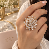 Elegant Crystal Floral Statement Ring – Gold Tone Sparkling Cocktail Ring