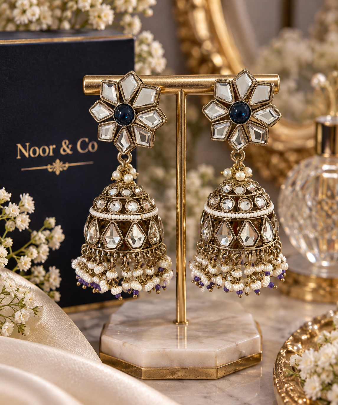 Antique Gold Kundan Jhumka Earrings – Navy Floral Crystal & Pearl Statement Earrings