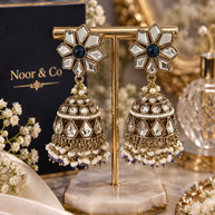 Antique Gold Kundan Jhumka Earrings – Navy Floral Crystal & Pearl Statement Earrings