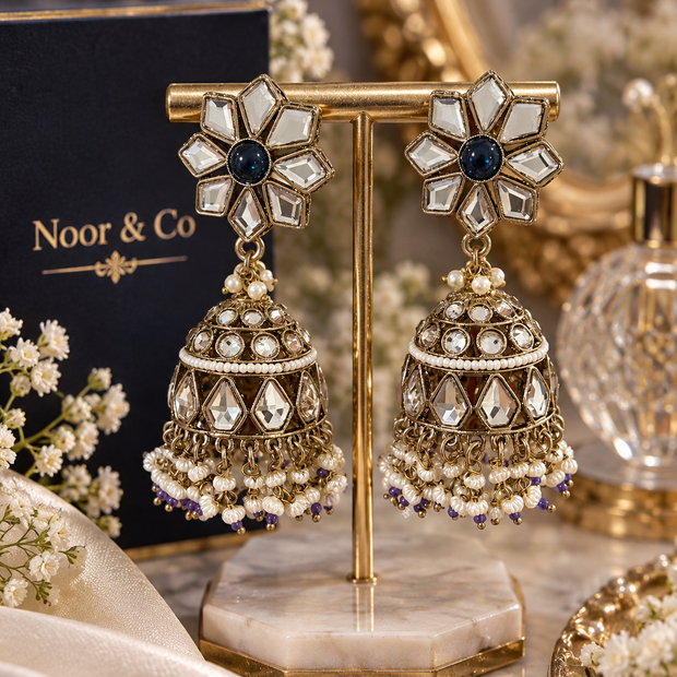 Antique Gold Kundan Jhumka Earrings – Navy Floral Crystal & Pearl Statement Earrings