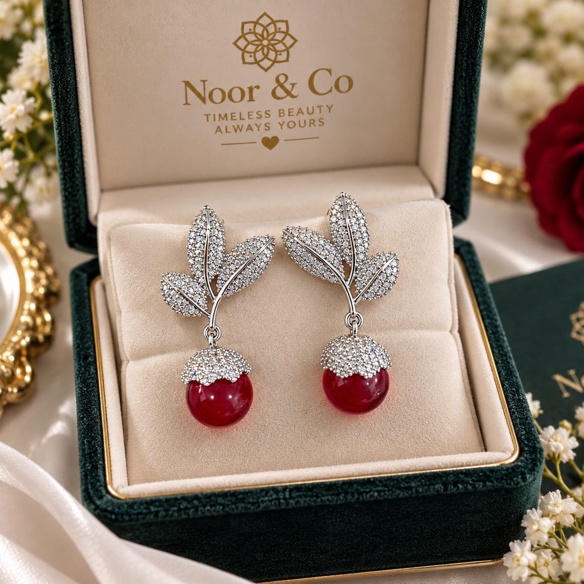 Ruby Red Drop Earrings with Sparkling Leaf Design | Elegant Statement Earrings