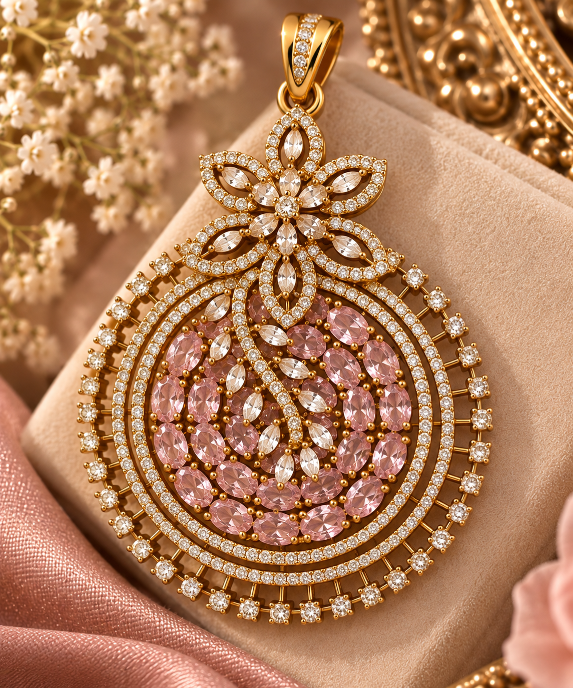Blush Pink Crystal Pendant & Earrings Set – Gold Tone Statement Jewelry