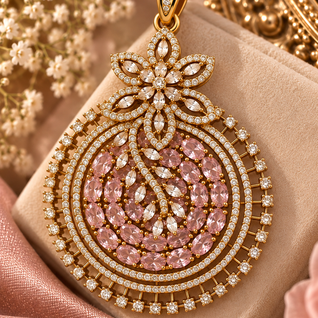 Blush Pink Crystal Pendant & Earrings Set – Gold Tone Statement Jewelry