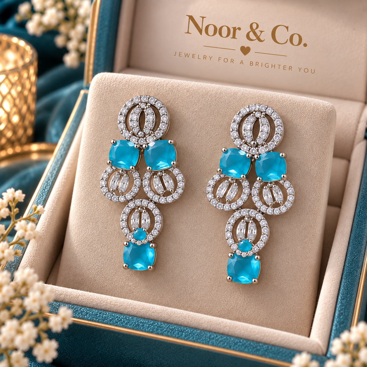 Aqua Blue CZ Necklace Earrings Tikka Set Silver Tone Pakistani Jewelry