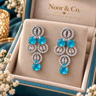 Aqua Blue CZ Necklace Earrings Tikka Set Silver Tone Pakistani Jewelry