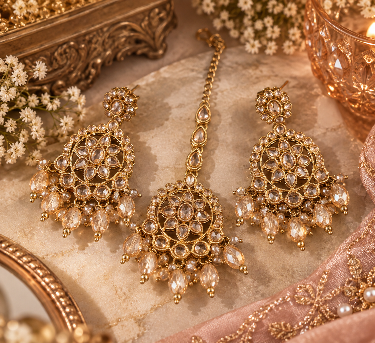 Champagne Kundan Earrings & Tikka Set – Gold Tone Bridal Statement Jewelry