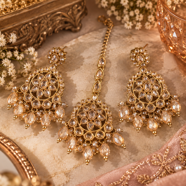 Champagne Kundan Earrings & Tikka Set – Gold Tone Bridal Statement Jewelry