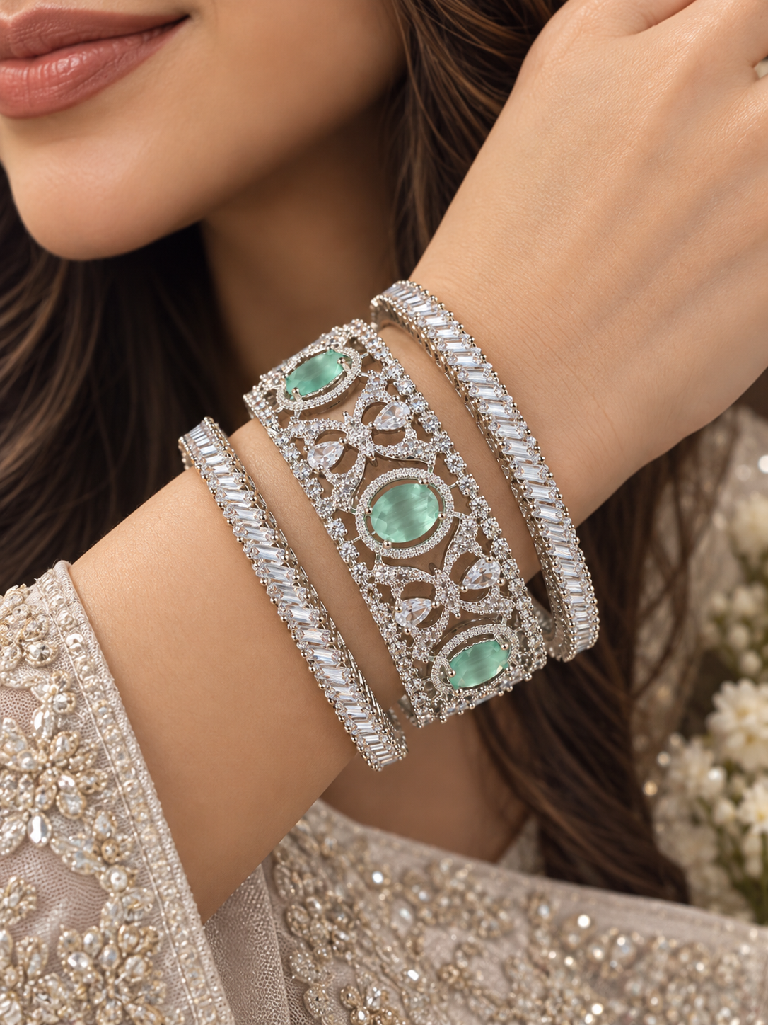 Mint Green CZ Statement Bangle Set – Silver Tone Bridal Bangles with Baguette Stones Size 2.10