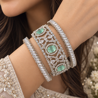 Mint Green CZ Statement Bangle Set – Silver Tone Bridal Bangles with Baguette Stones Size 2.10
