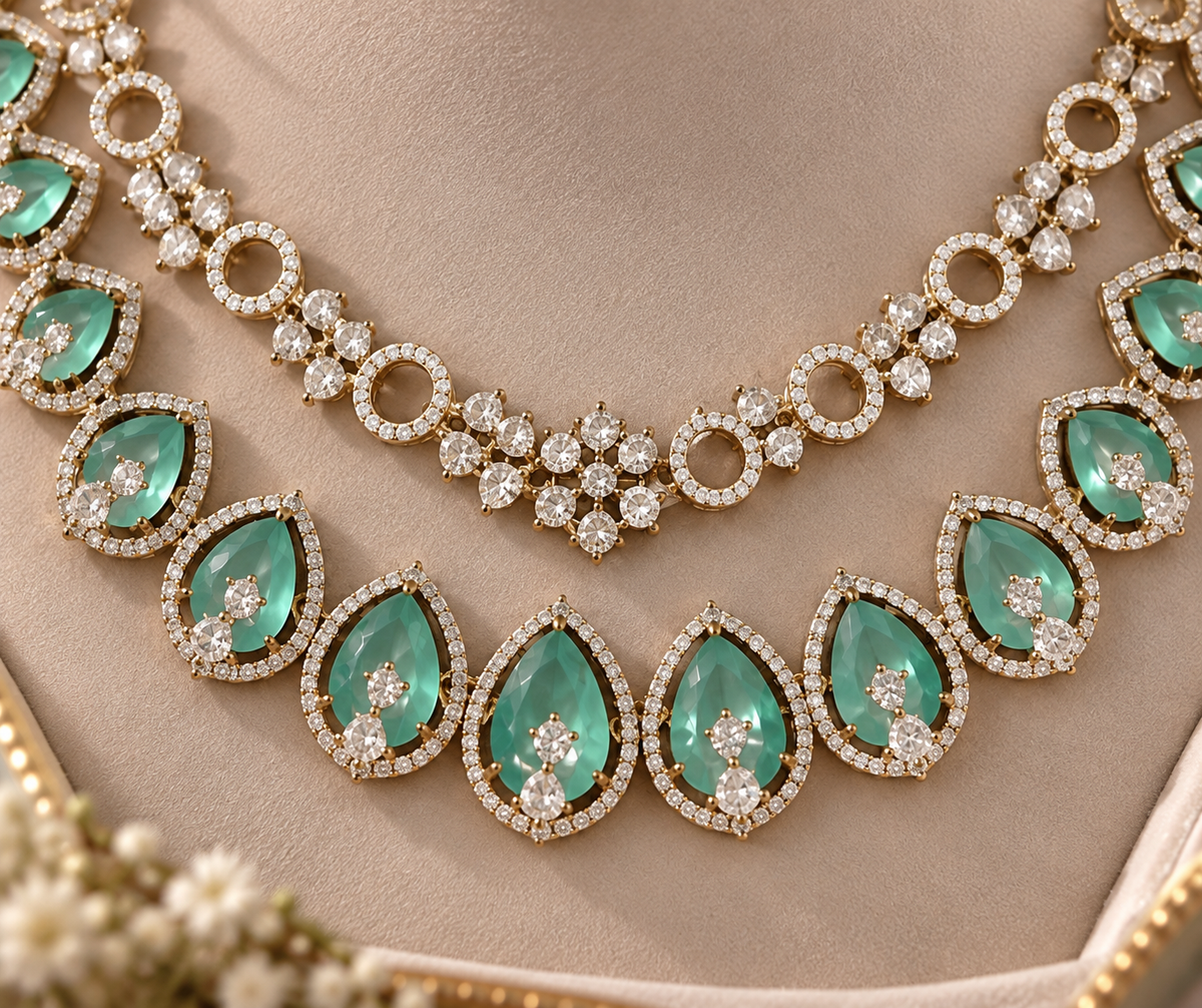 Mint Green Double Layer Statement Necklace Set with Matching Earrings | Elegant Wedding & Party Jewelry