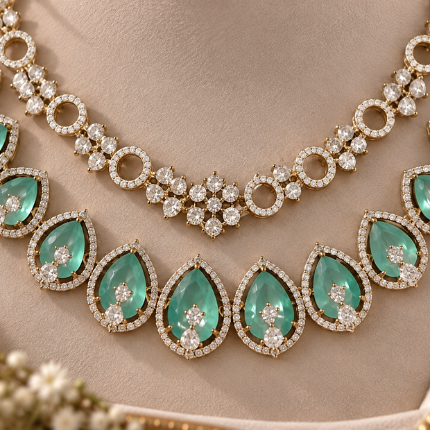 Mint Green Double Layer Statement Necklace Set with Matching Earrings | Elegant Wedding & Party Jewelry