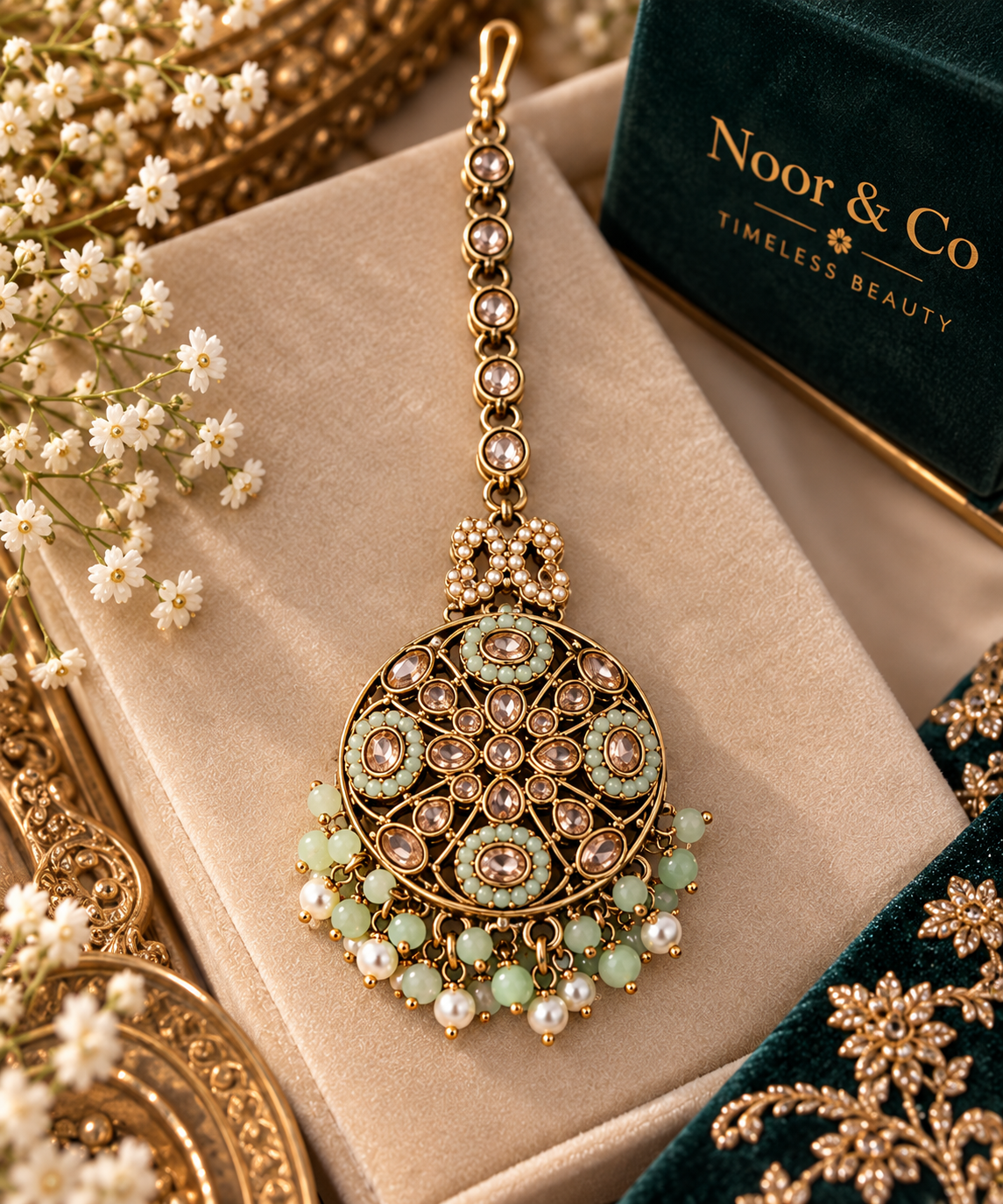Mint Green Kundan Necklace Set with Jhumka Earrings & Tikka – Pearl Bridal Jewelry