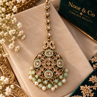 Mint Green Kundan Necklace Set with Jhumka Earrings & Tikka – Pearl Bridal Jewelry