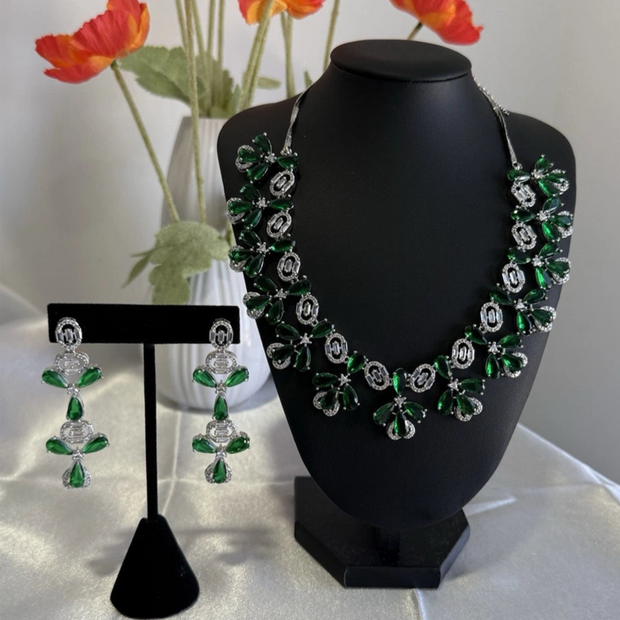 CZ Flower Necklace Earrings Set Silver Tone Pakistani Jewelry