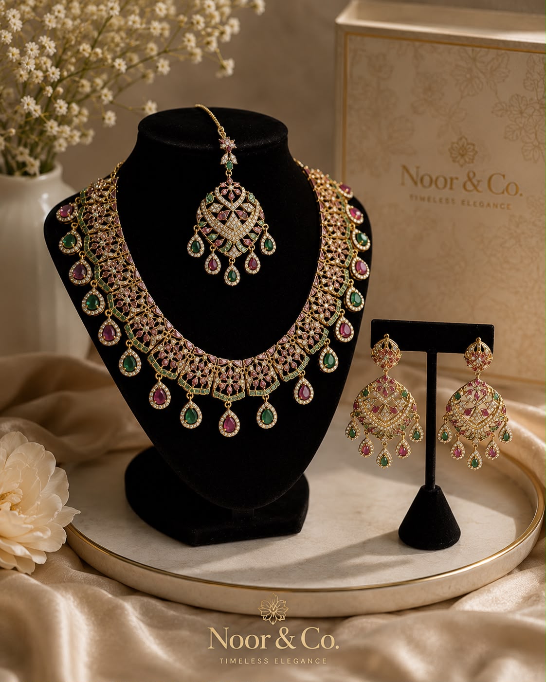 Luxury Indian Bridal Jewelry Set –Pink and Green American Diamond Necklace, Earr