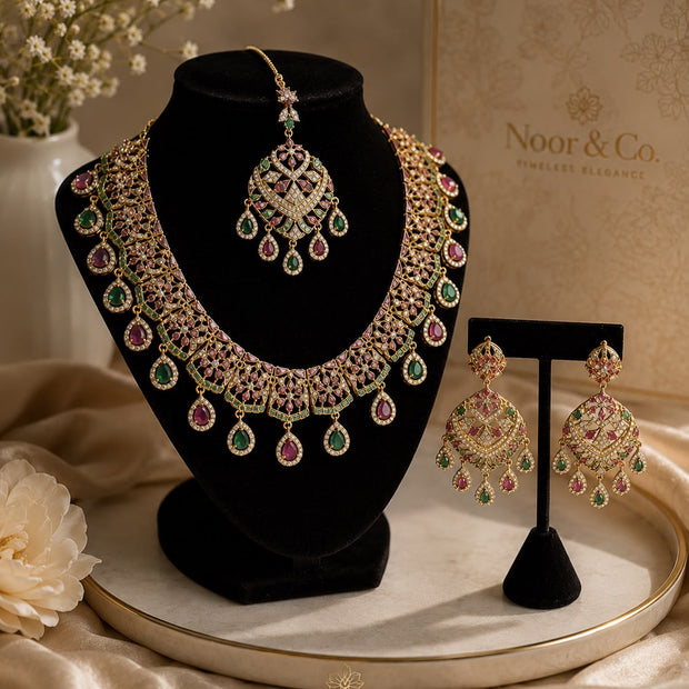Luxury Indian Bridal Jewelry Set –Pink and Green American Diamond Necklace, Earr