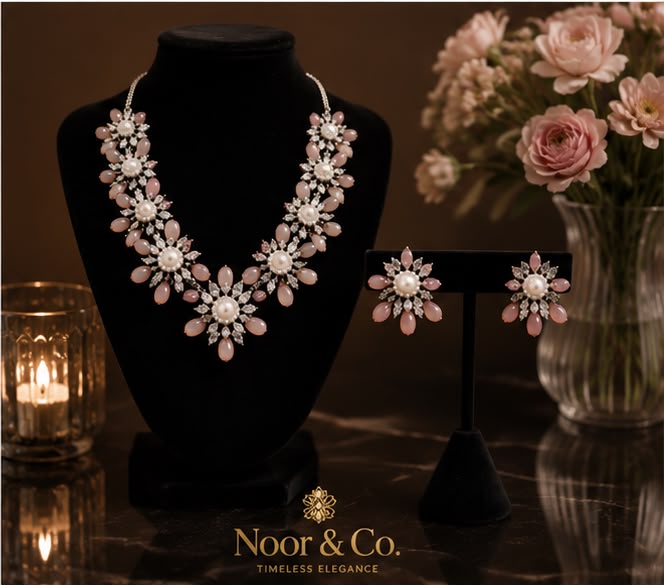 Blush Pink Floral Necklace Set with Matching Earrings