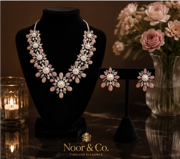 Blush Pink Floral Necklace Set with Matching Earrings