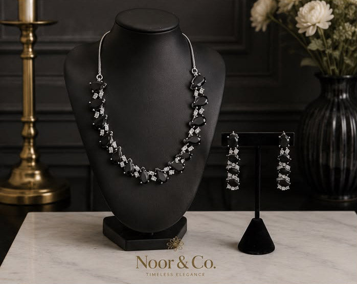 Black Teardrop CZ Jewelry Set | Elegant Necklace Earrings | Bridal Formal Evenin