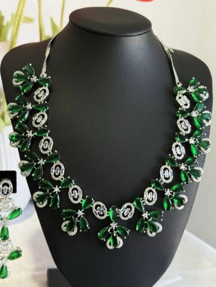 CZ Flower Necklace Earrings Set Silver Tone Pakistani Jewelry