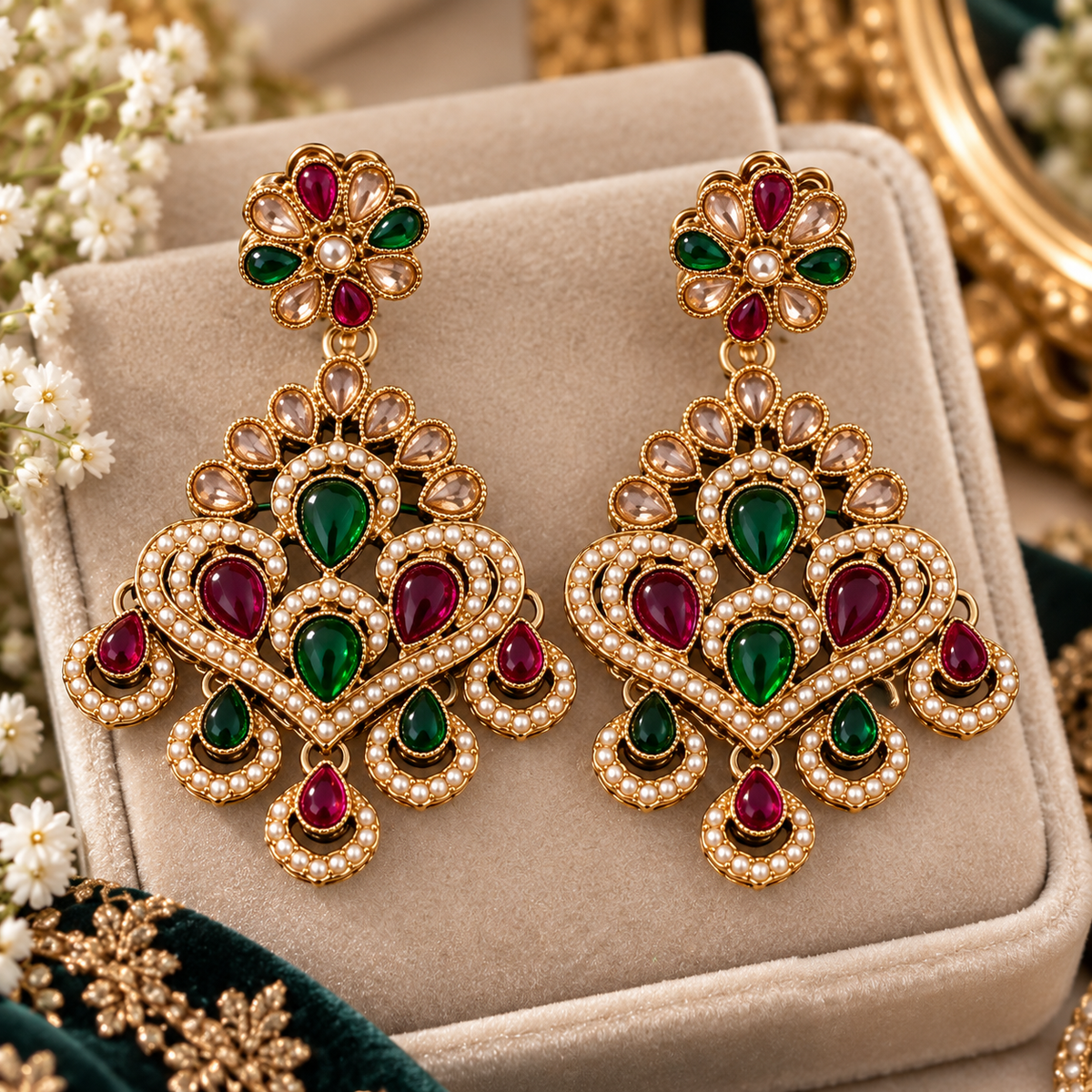 Multicolor Kundan Style Earring & Tikka Set – Ruby Green Pearl Statement Jewelry