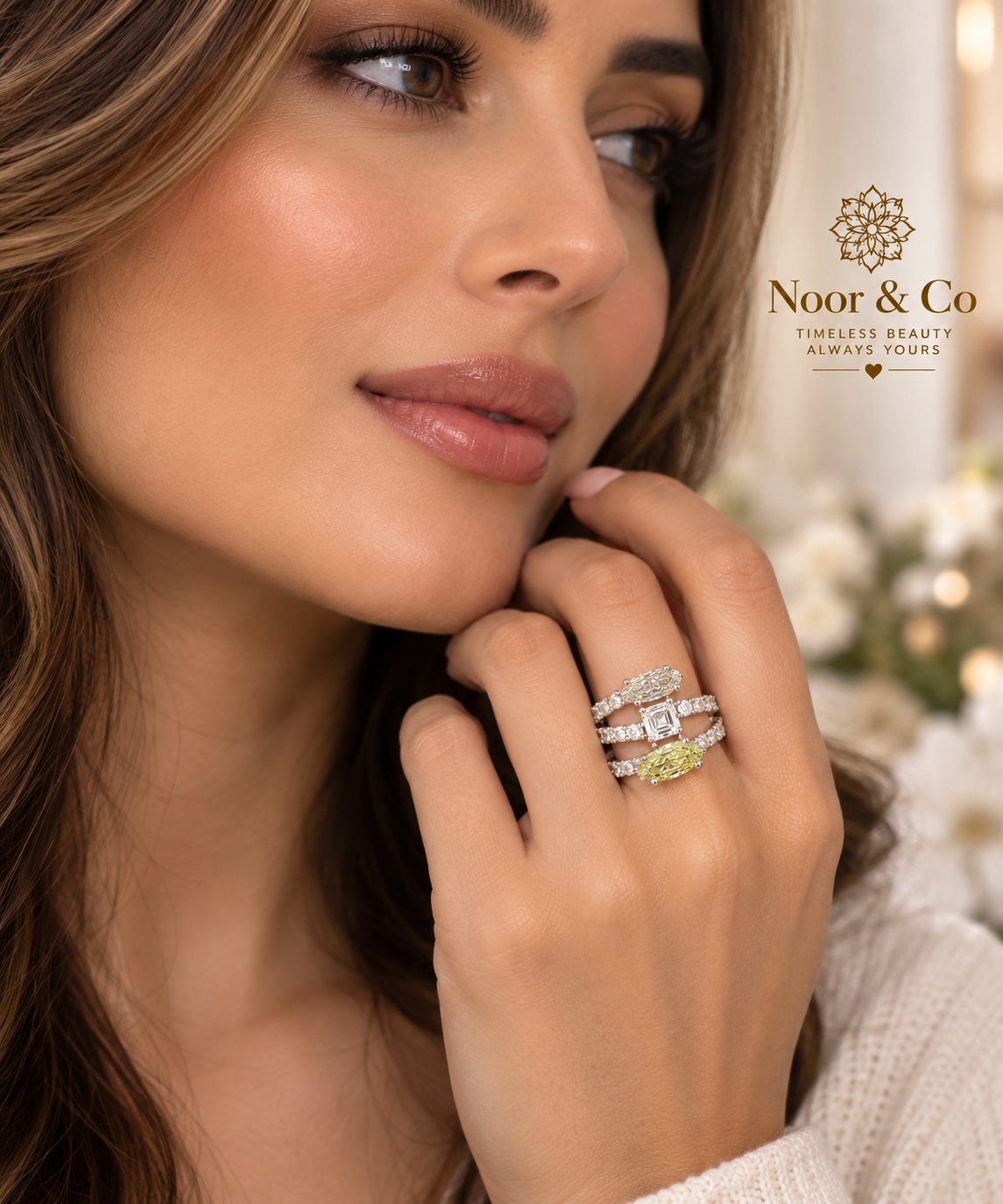 Adjustable Three Stone Statement Ring | Clear & Yellow CZ Silver-Tone Cocktail Ring