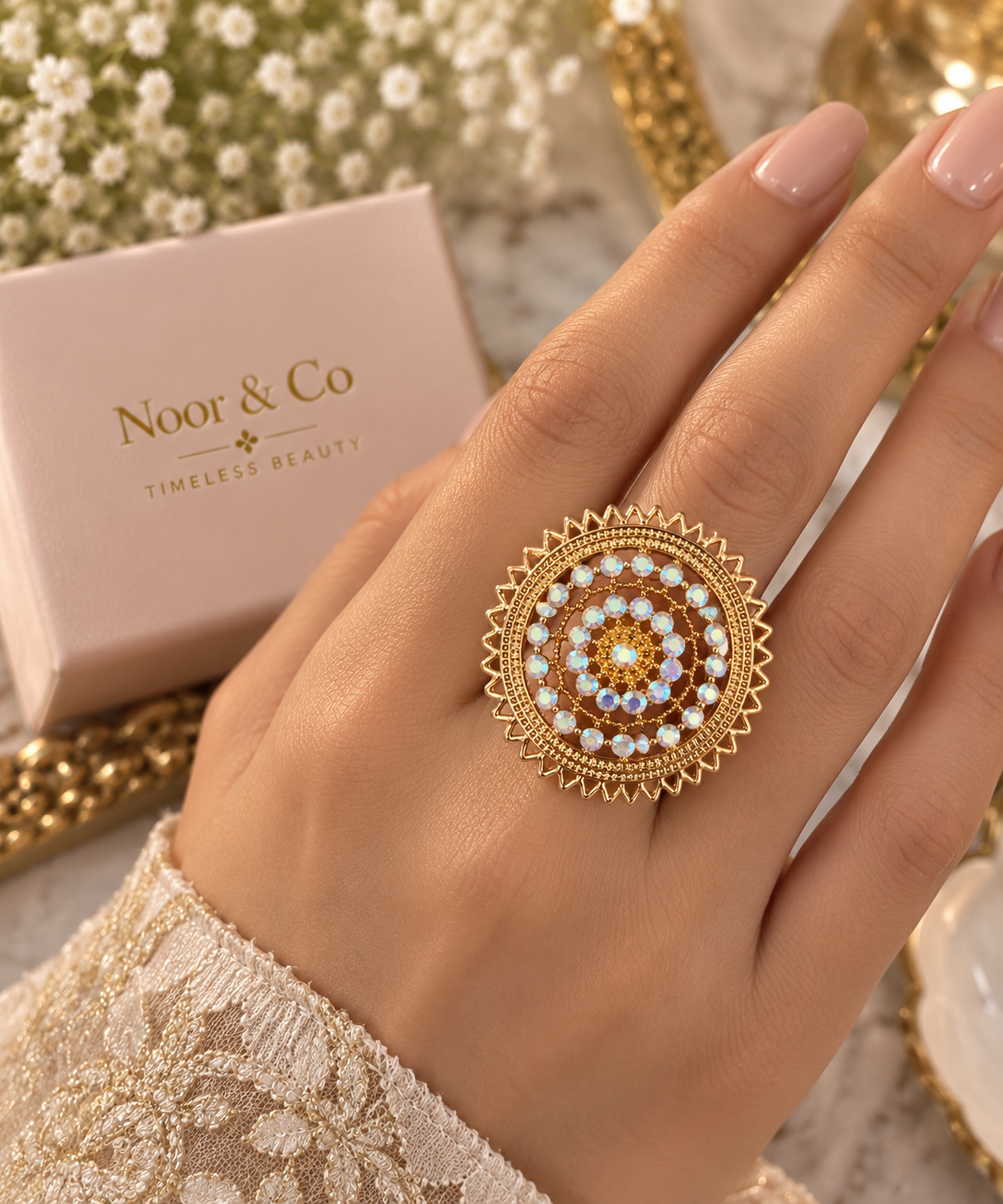 Iridescent Crystal Statement Ring – Gold Tone Round Cocktail Ring