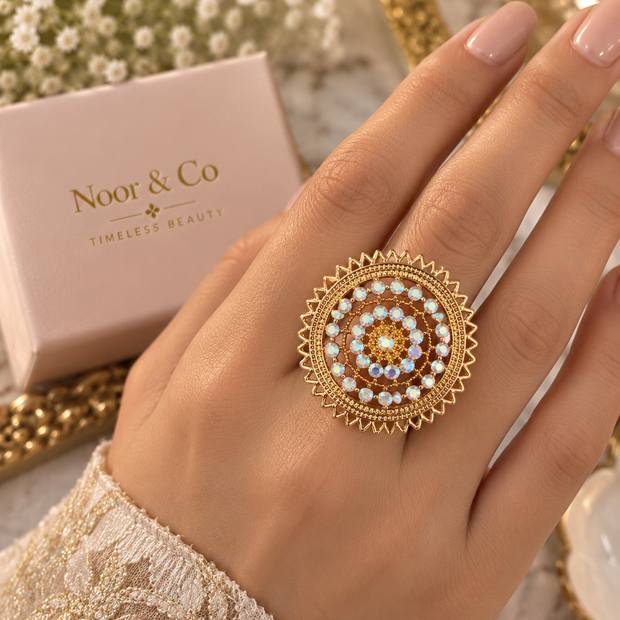 Iridescent Crystal Statement Ring – Gold Tone Round Cocktail Ring