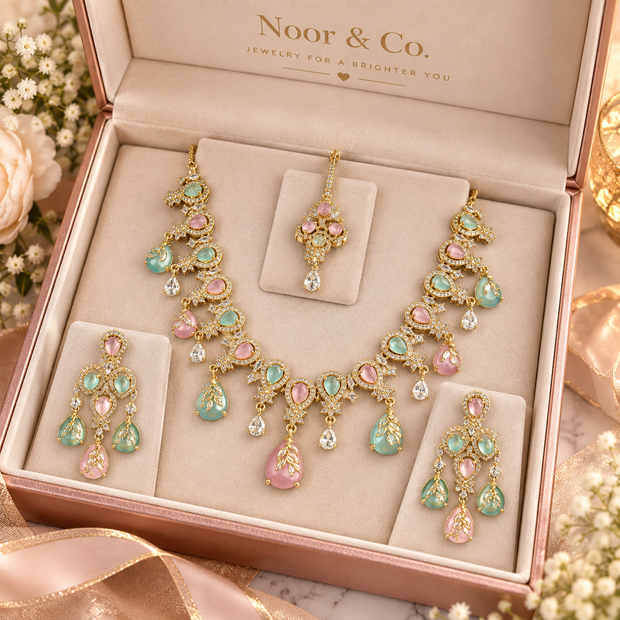 Pastel Pink Mint Gold Tone Necklace Earrings Tikka Pakistani Jewelry Set