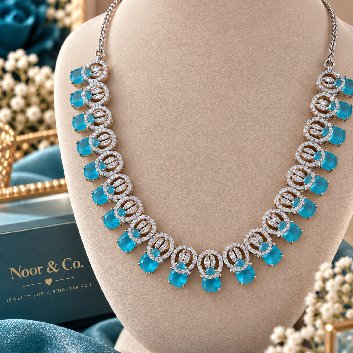 Aqua Blue CZ Necklace Earrings Tikka Set Silver Tone Pakistani Jewelry