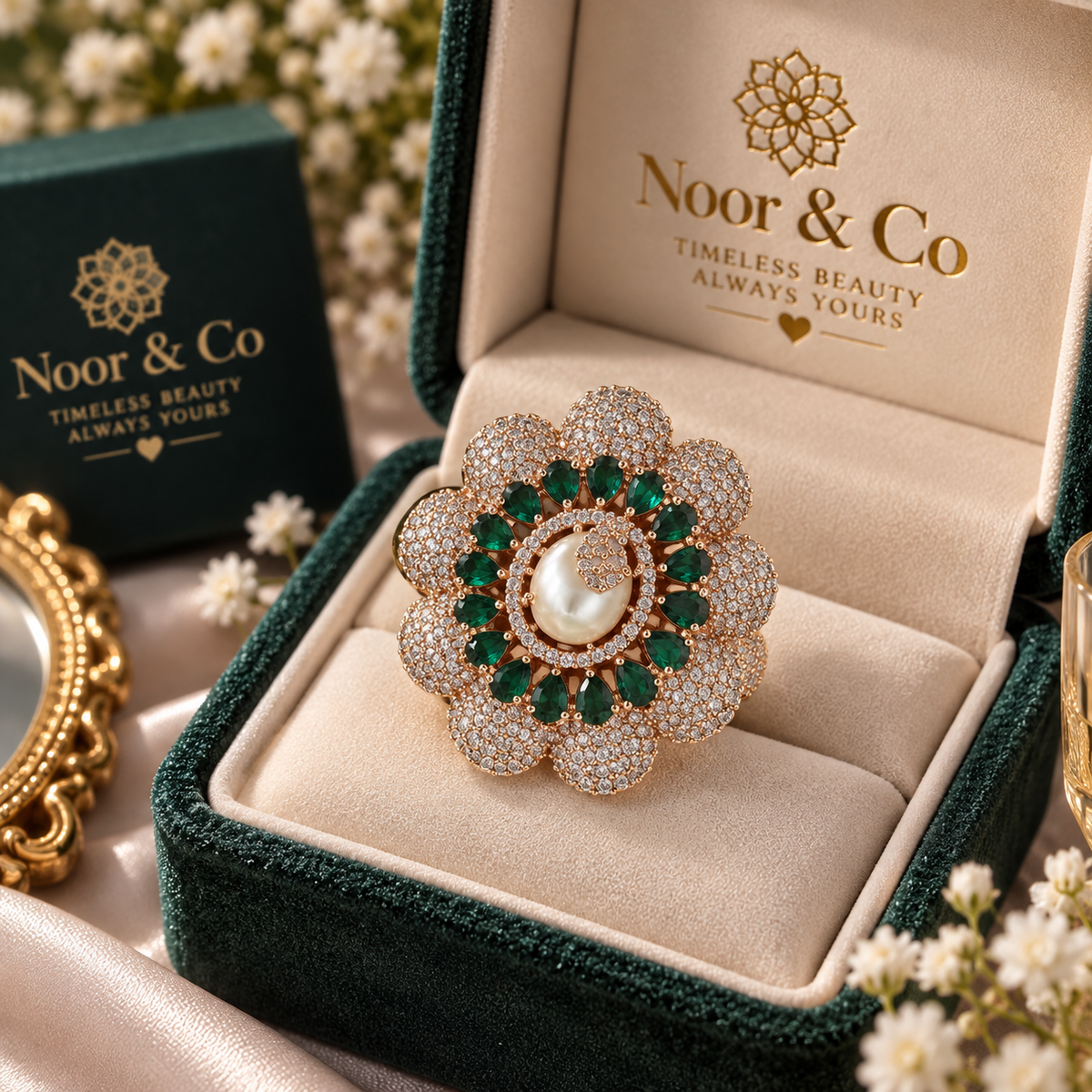 Emerald Green Floral Statement Ring with Pearl Center | Sparkling Gold-Tone Cocktail Ring
