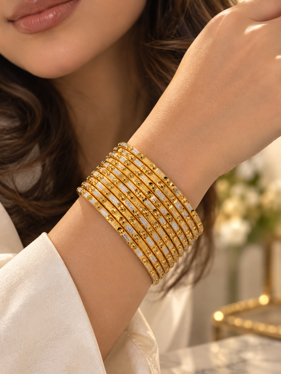 2.10 Two Tone Gold & Silver Bangles Set | Thin Stackable Indian Pakistani Bangles | Traditional Bridal Wedding Jewelry Set of 12