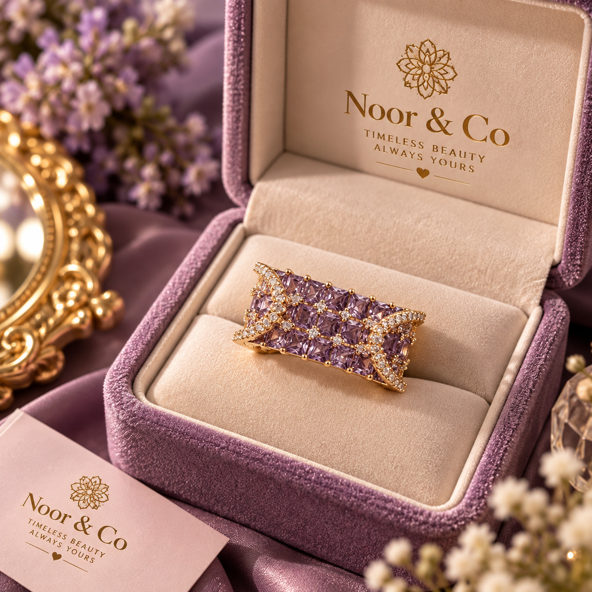Adjustable Purple Stone Statement Ring | Gold-Tone Sparkling Cocktail Ring