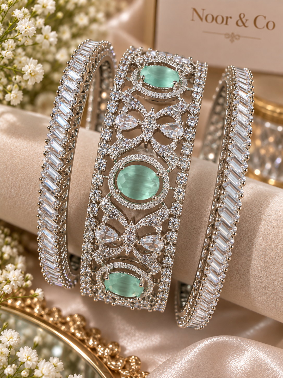 Mint Green CZ Statement Bangle Set – Silver Tone Bridal Bangles with Baguette Stones Size 2.10
