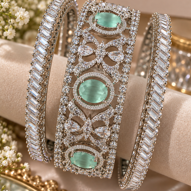 Mint Green CZ Statement Bangle Set – Silver Tone Bridal Bangles with Baguette Stones Size 2.10