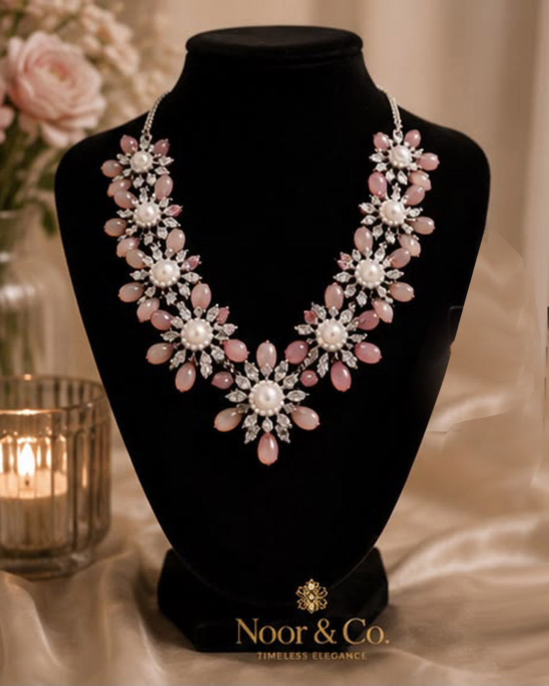Blush Pink Floral Necklace Set with Matching Earrings