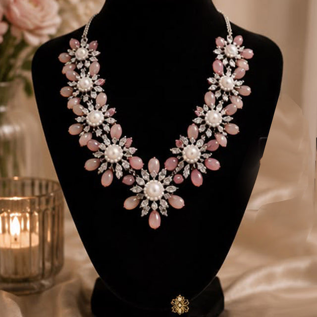 Blush Pink Floral Necklace Set with Matching Earrings