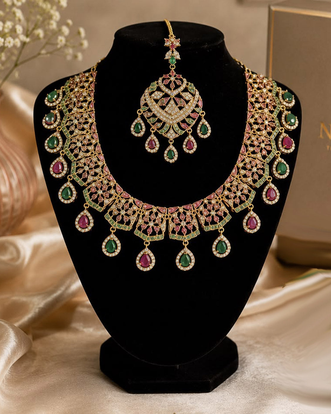 Luxury Indian Bridal Jewelry Set –Pink and Green American Diamond Necklace, Earr