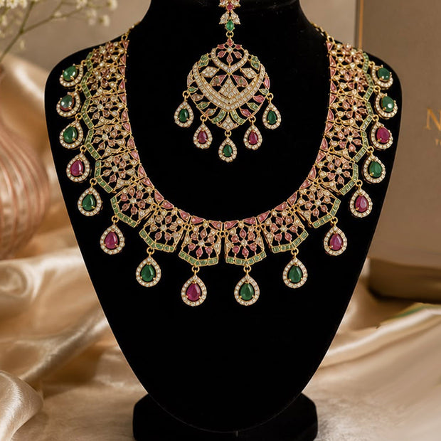 Luxury Indian Bridal Jewelry Set –Pink and Green American Diamond Necklace, Earr