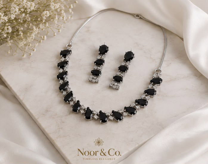 Black Teardrop CZ Jewelry Set | Elegant Necklace Earrings | Bridal Formal Evenin